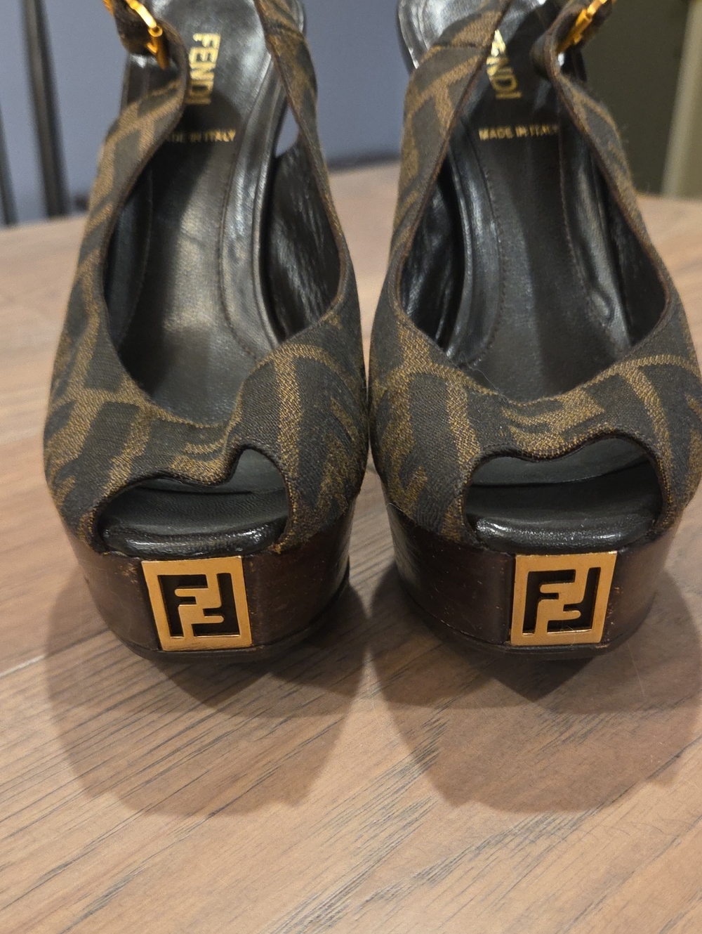 Fendi Brown Monogram Peep-Toe Platform Spuntata Heels